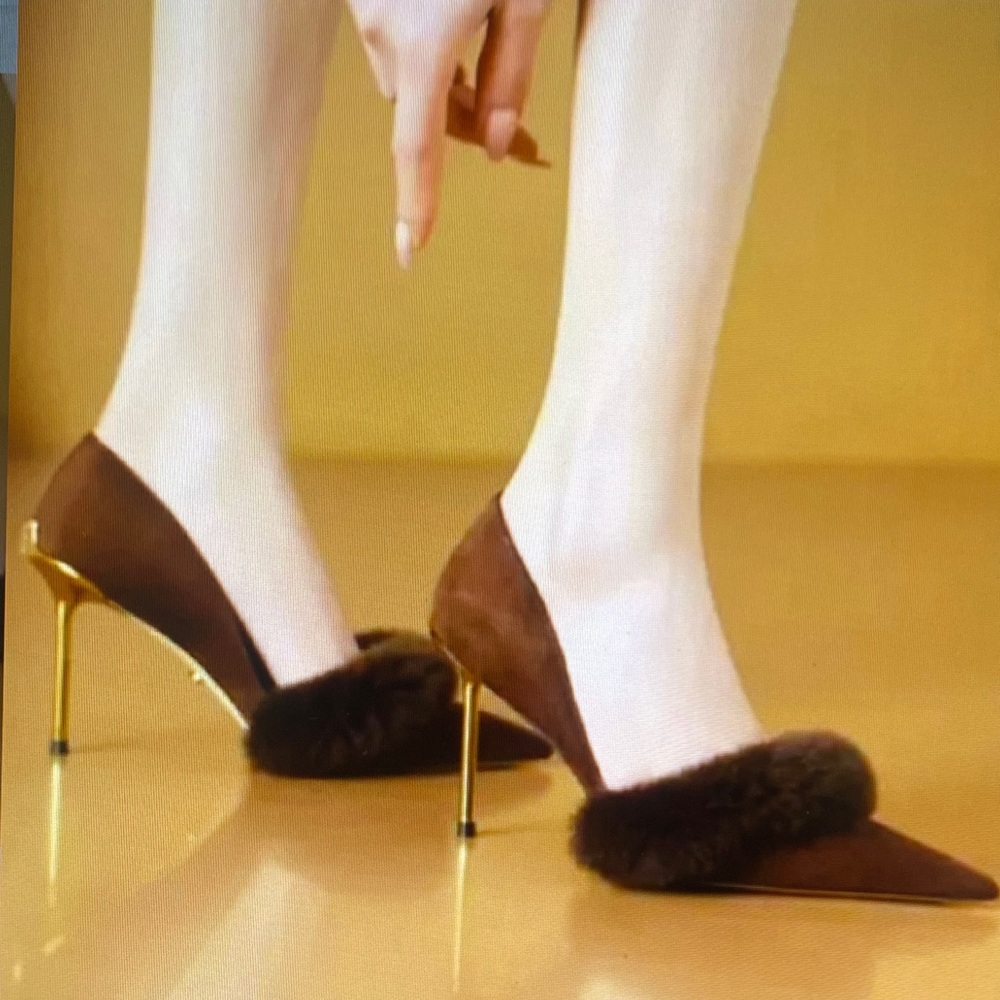 Elegant Brown Heels with Fur Trim